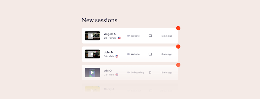 List of recent user sessions with names, age, gender and website/onboarding information.
