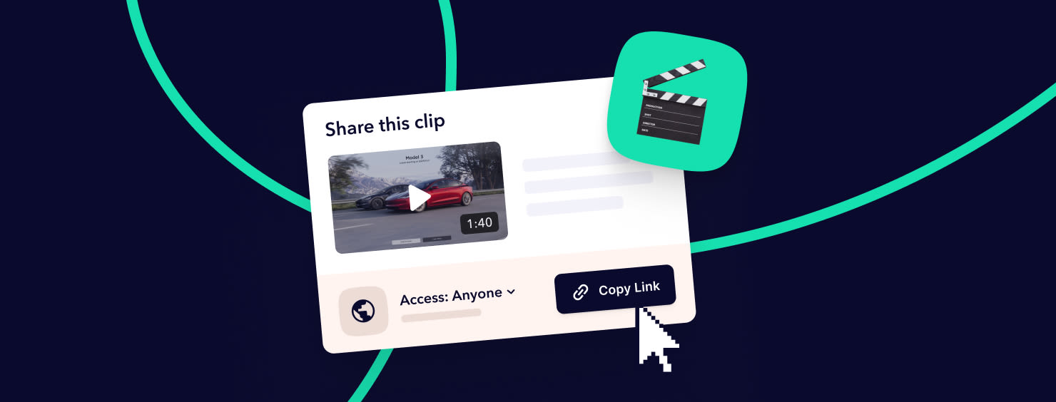 A screen showing sharing options for a video clip, including a "Copy Link" button being clicked by a cursor.