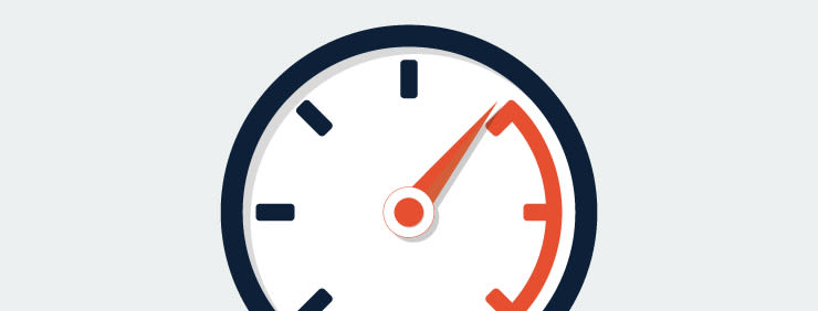 Cartoon illustration of a clock face with a red pointer and arc indicating a speed or time level.