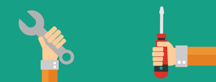 Illustration of two hands holding tools: a wrench and a screwdriver, against a teal background.