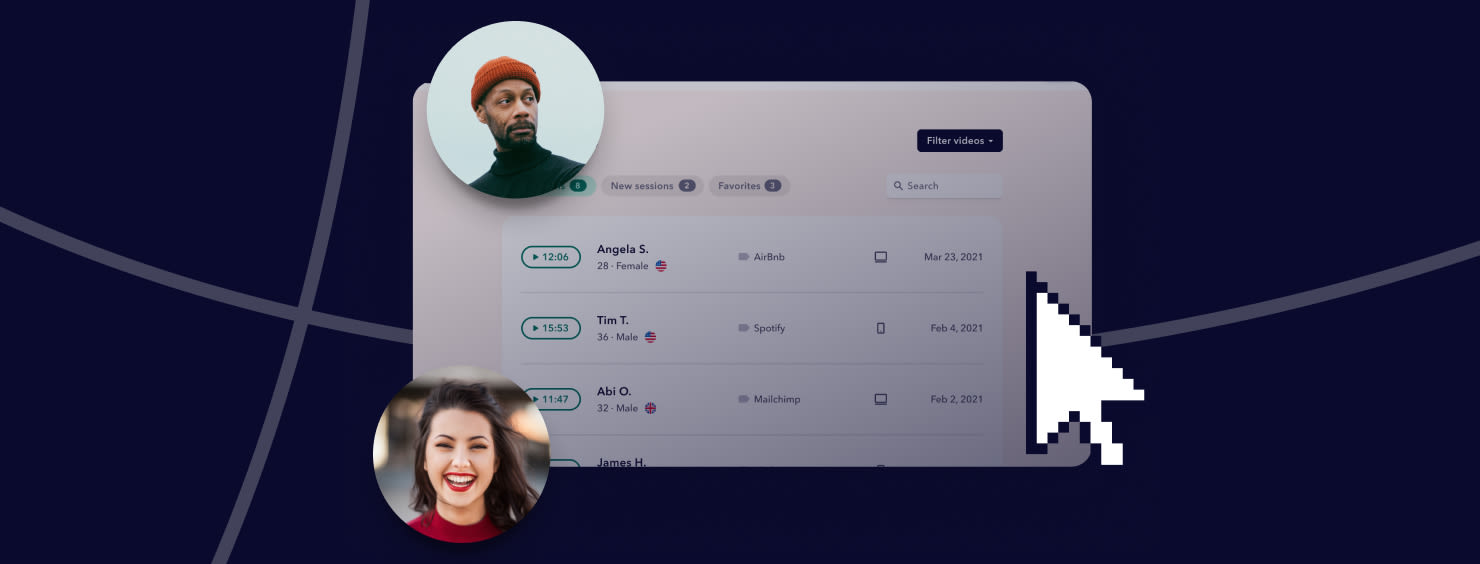 Online meeting dashboard with a user list and video call filter, displaying the profiles of participants like Angela and Tim.