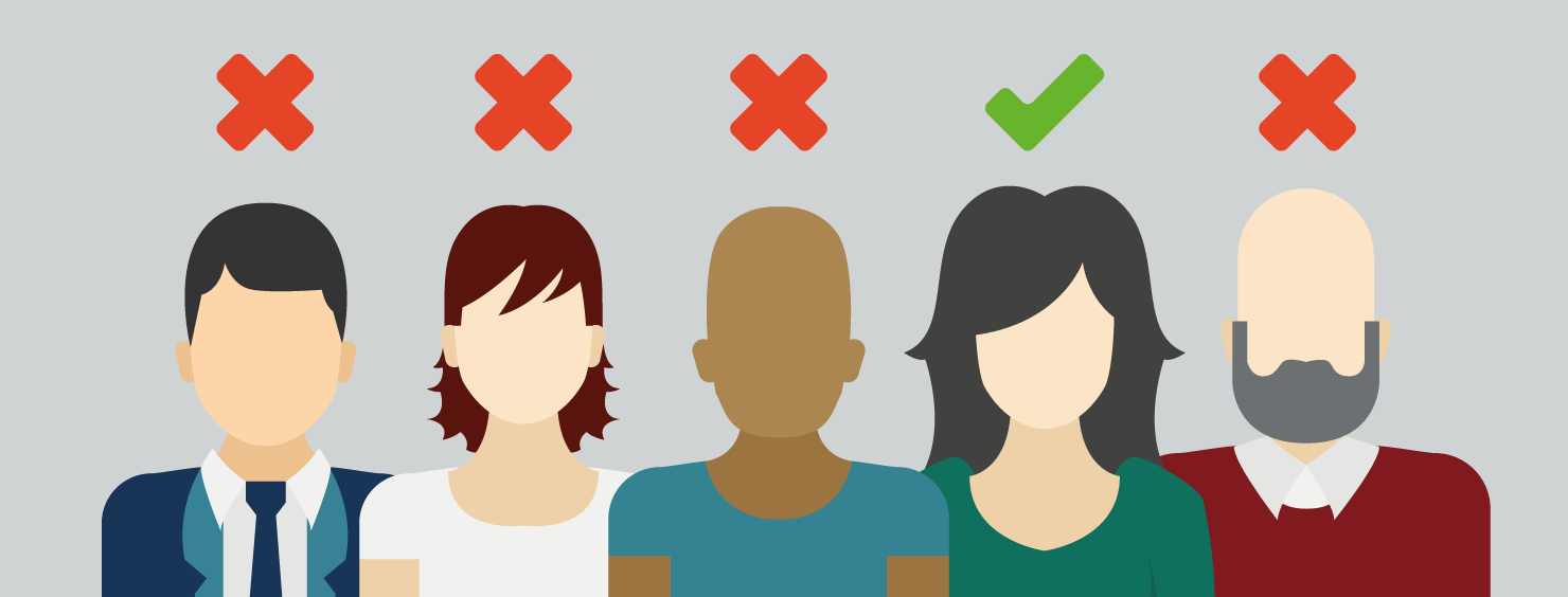 Illustration of five people standing in a row with red X marks above four of them and a green check mark above the third from right.