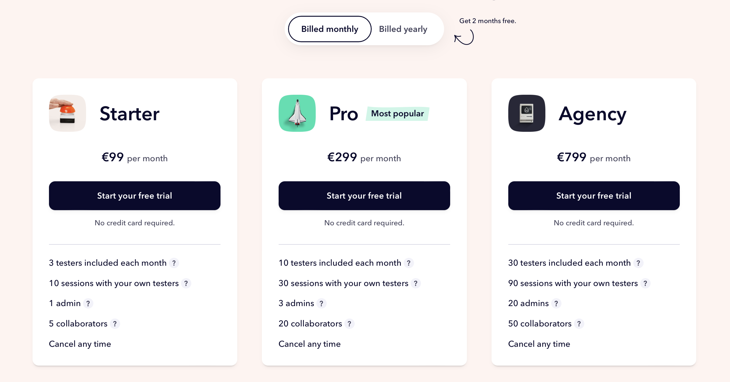 Three pricing plans: Starter (€99/month), Pro (€299/month, most popular), and Agency (€799/month), each offering a free trial and different features like testers, sessions, admins, and collaborators.