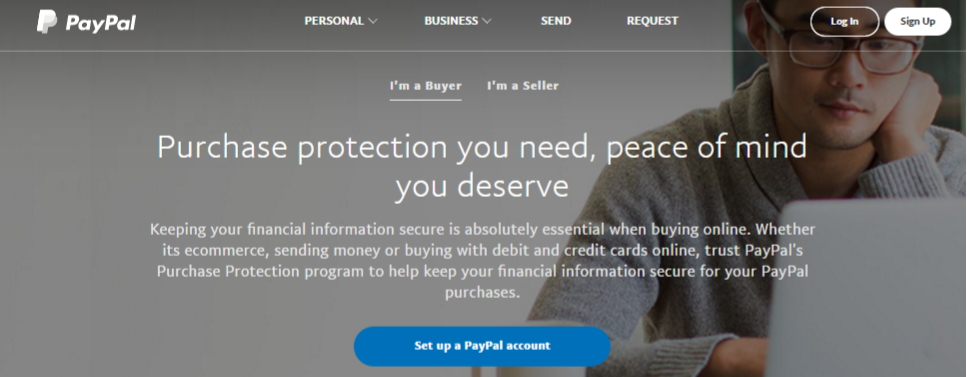 PayPal's website promotes purchase protection for online buyers.