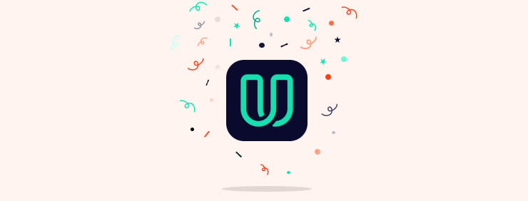 Logo for a brand with a teal letter "U" design in a rounded dark blue square, surrounded by confetti and streamers.