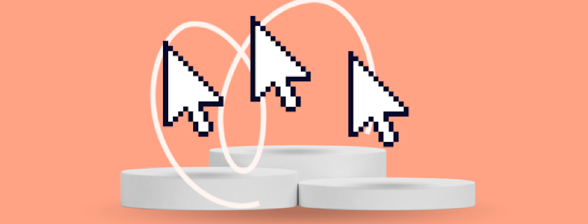 Three pixelated white mouse cursors hover over a three-tiered white pedestal against a peach background, connected by faint, looping white lines.