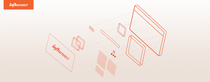Orange line art showing an exploded view diagram of the components of an Influenser VoxBox. The Influenser logo is in the top left corner.