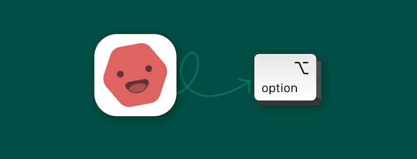 A diagram depicting a happy red polygon icon with a loopy green arrow pointing towards an "option" key on a keyboard.