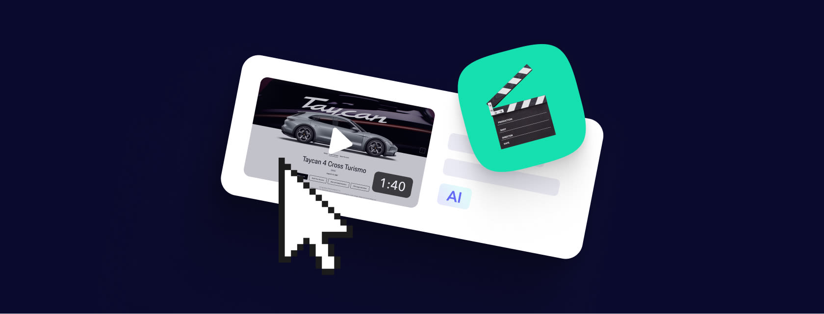 A cursor hovering over a card containing a video clip and transcriptions.