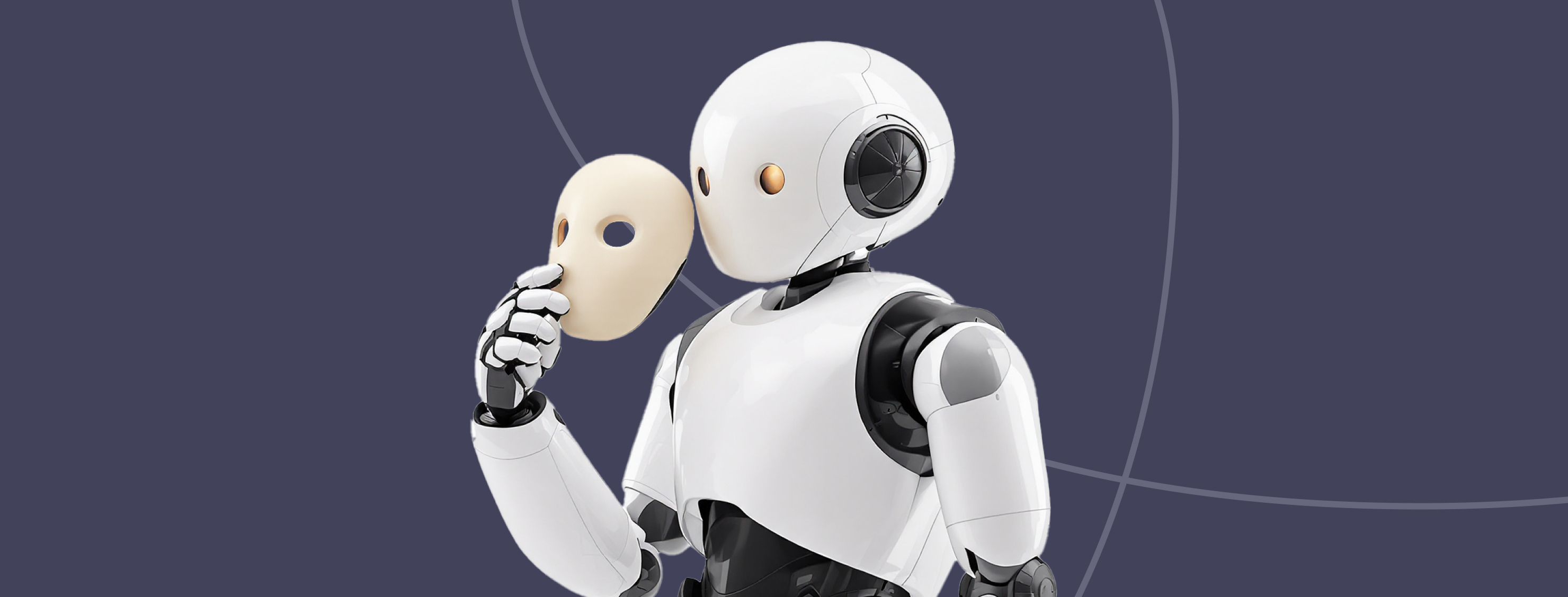 A glossy white-and-black humanoid robot holds a plain white human face mask in front of itself against a muted lavender background, suggesting AI attempting to imitate a real person.