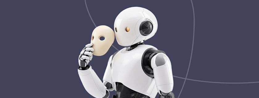 A glossy white-and-black humanoid robot holds a plain white human face mask in front of itself against a muted lavender background, suggesting AI attempting to imitate a real person.