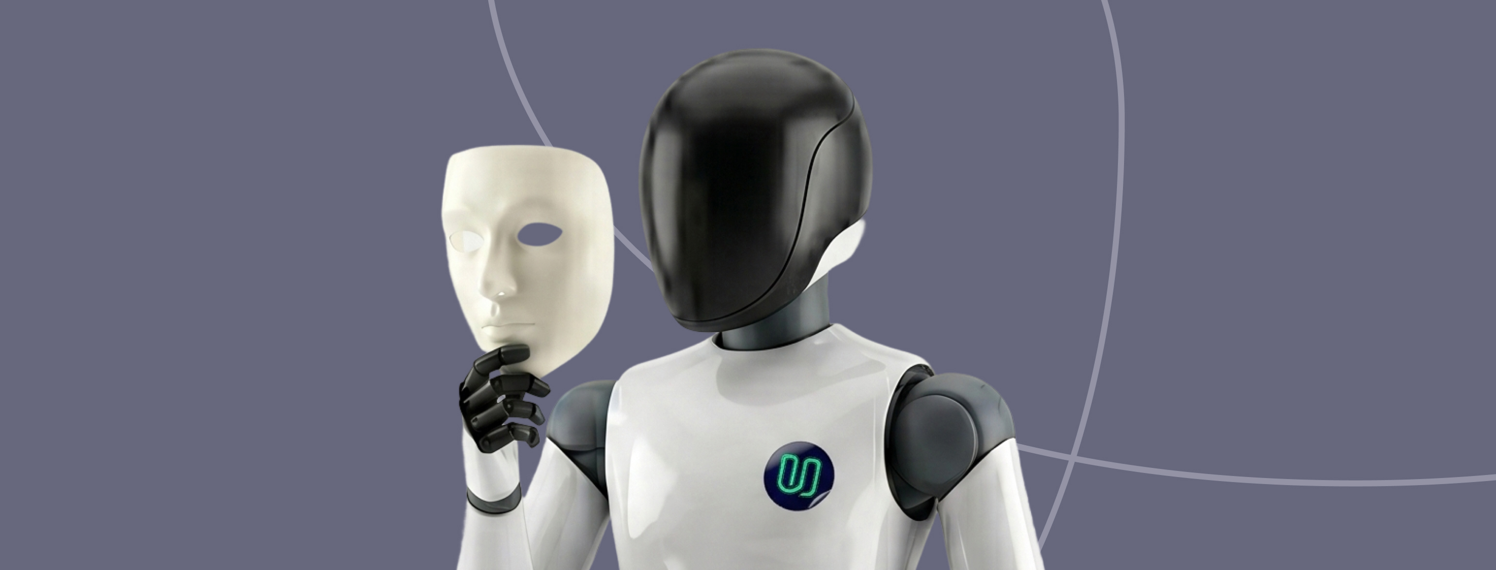 A glossy white-and-black humanoid robot holds a plain white human face mask in front of itself against a muted lavender background, suggesting AI attempting to imitate a real person.
