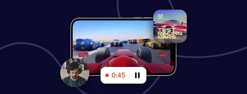 A racing game being watched on a smartphone, with an app icon showing a sports car and a person with headphones on.
