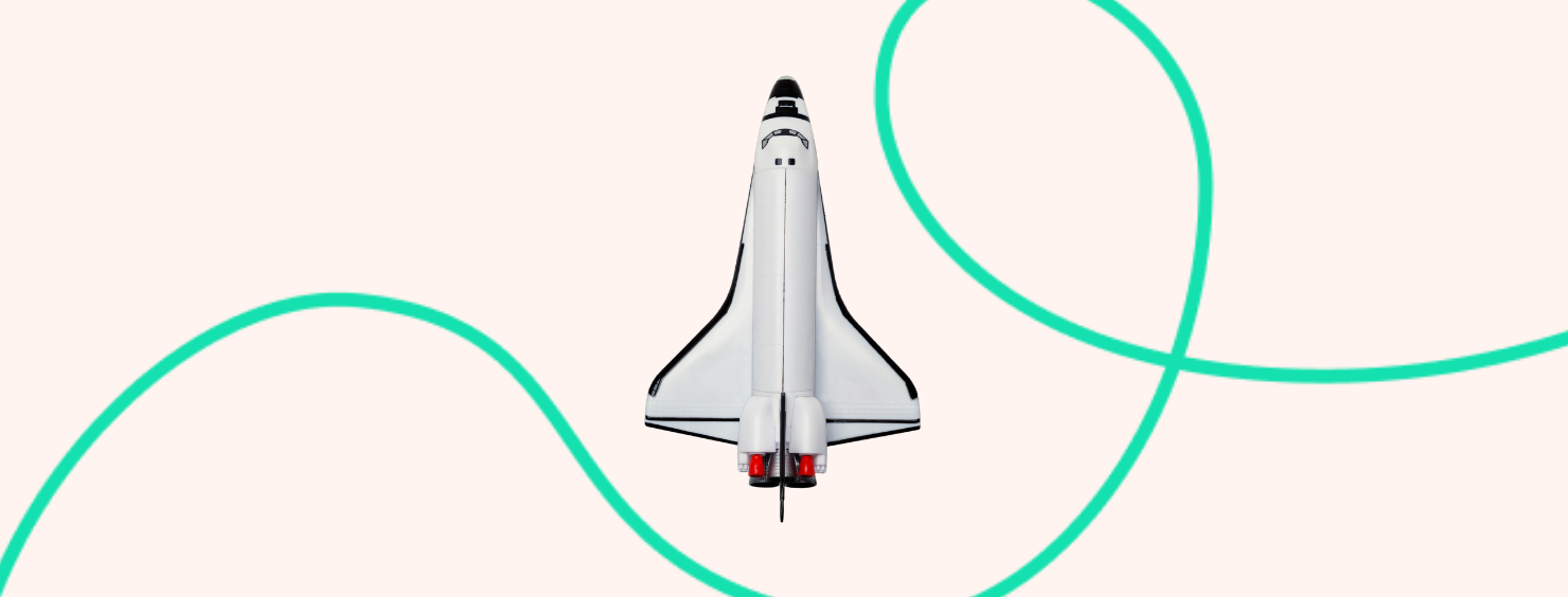 A white space shuttle with red boosters set against a light peach background with stylized teal curves surrounding it.
