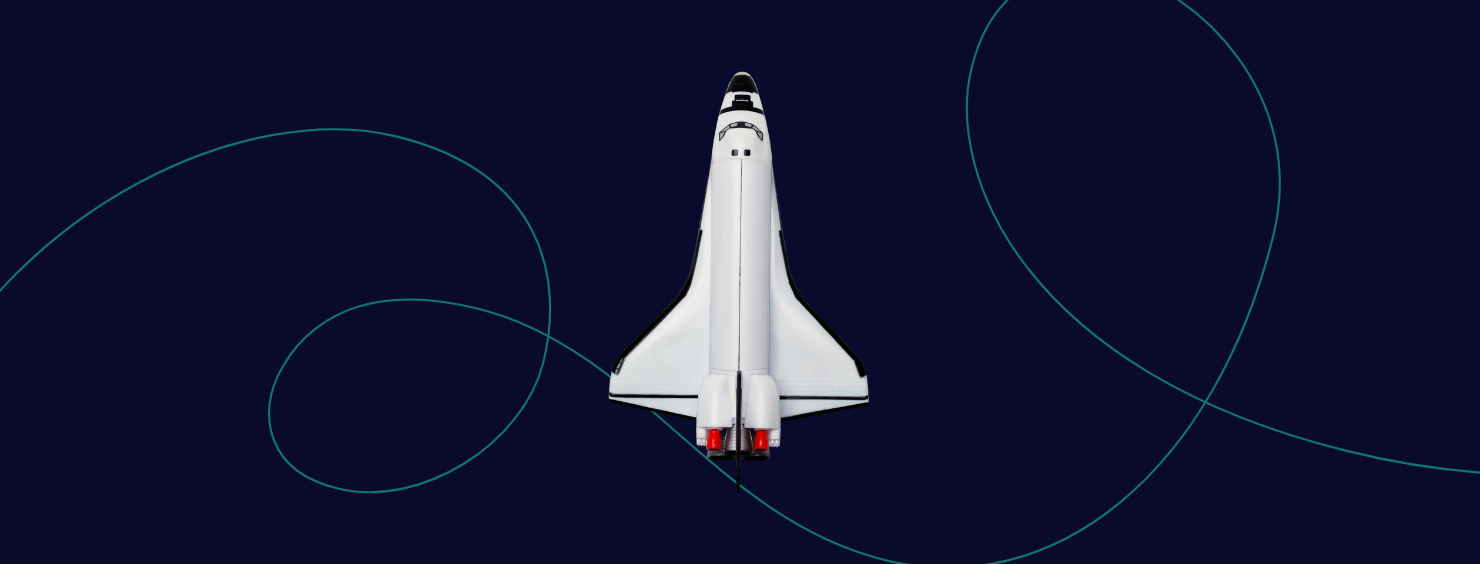 White space shuttle on a dark blue background with teal swirling lines.