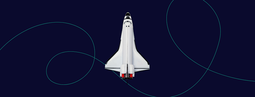 White space shuttle on a dark blue background with teal swirling lines.