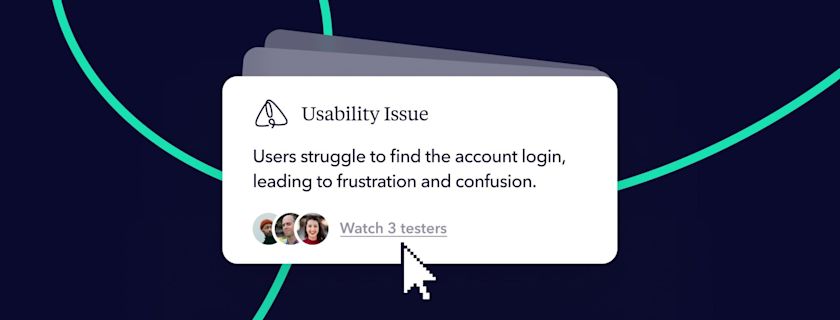 A white box on a dark background indicating a usability issue: users struggle to find the account login, leading to frustration and confusion. Watch 3 testers.