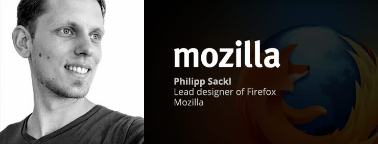 Philipp Sackl, Lead designer of Firefox at Mozilla. A black and white headshot of Philipp Sackl is beside the Mozilla Firefox logo and branding.