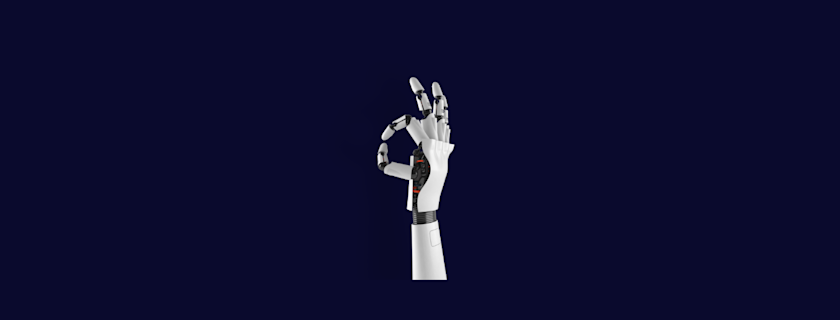 A white robot arm with hand is making an "OK" gesture on a dark blue background.