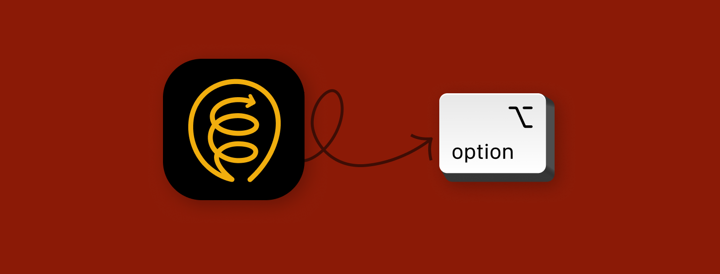 A spiral symbol pointing to the "option" key on a keyboard, representing configuration or settings options.