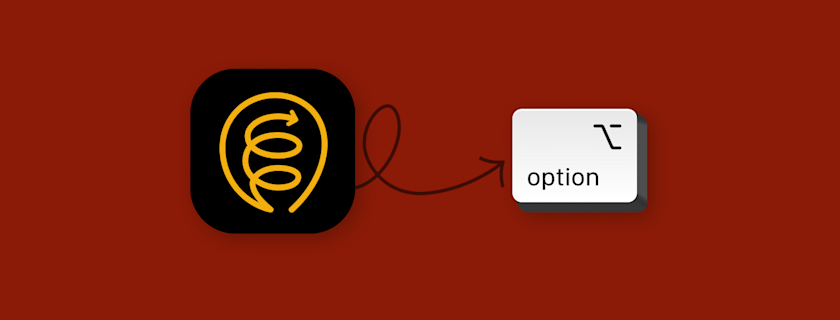 A spiral symbol pointing to the "option" key on a keyboard, representing configuration or settings options.