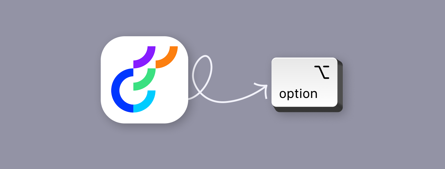The option key is highlighted from an app icon with a curved white arrow.