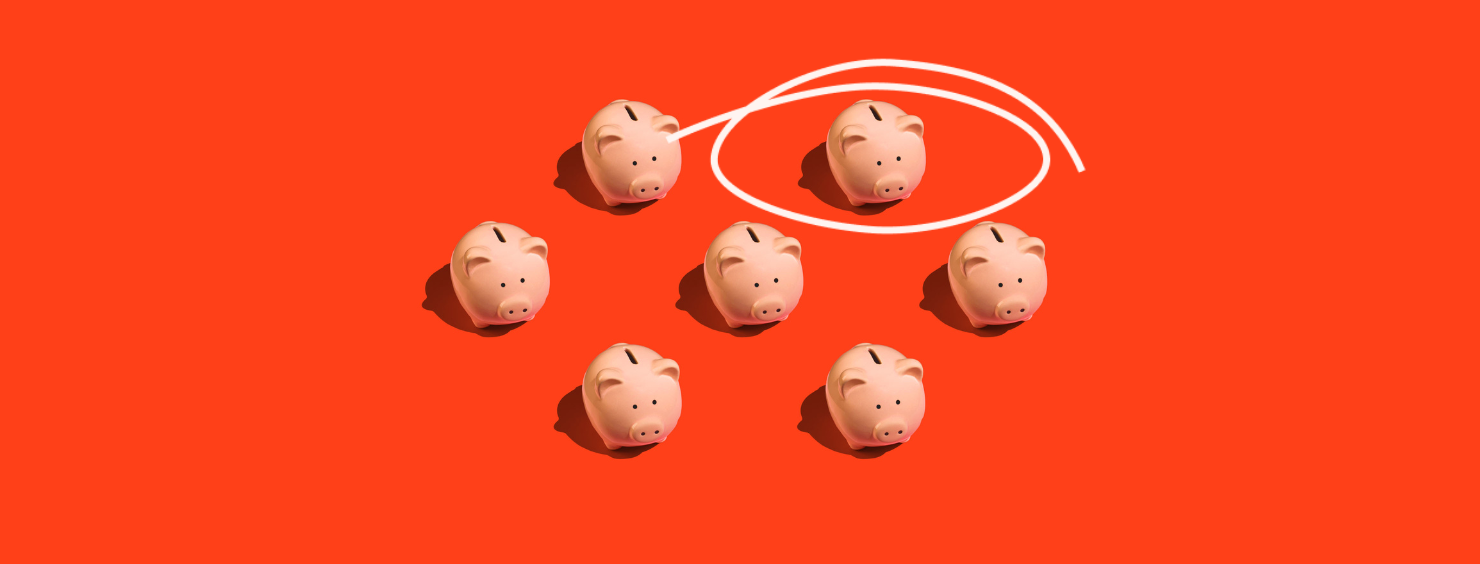 Seven pink piggy banks on a red background with one circled in white.