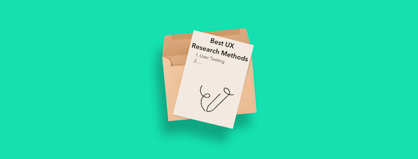 Envelope with a note listing 'Best UX Research Methods', the first of which is 'User Testing', accompanied by a doodle.