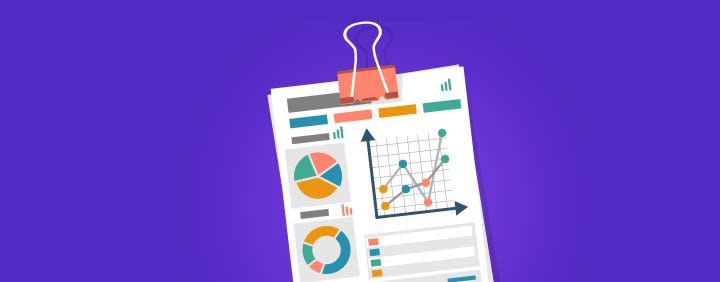 A sheet of paper with charts and graphs is held by a peach-colored clip against a purple background.