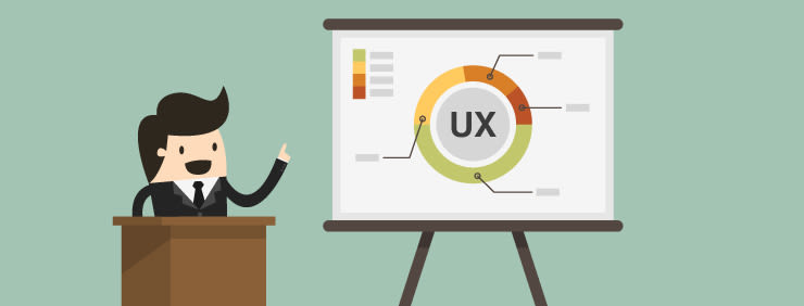 Cartoon of a man presenting a UX pie chart from a podium.