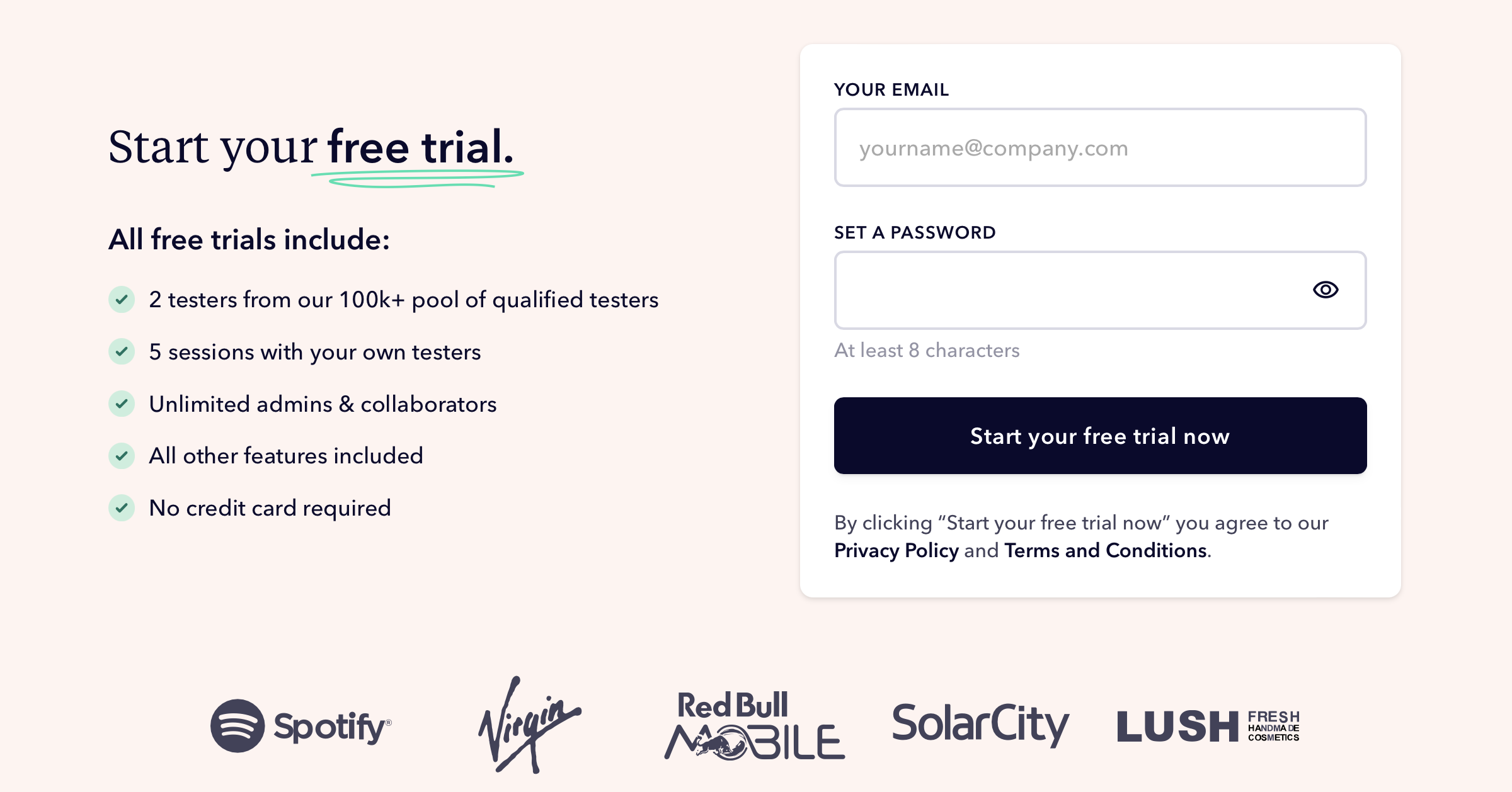 Signup form for a free trial with email and password fields.