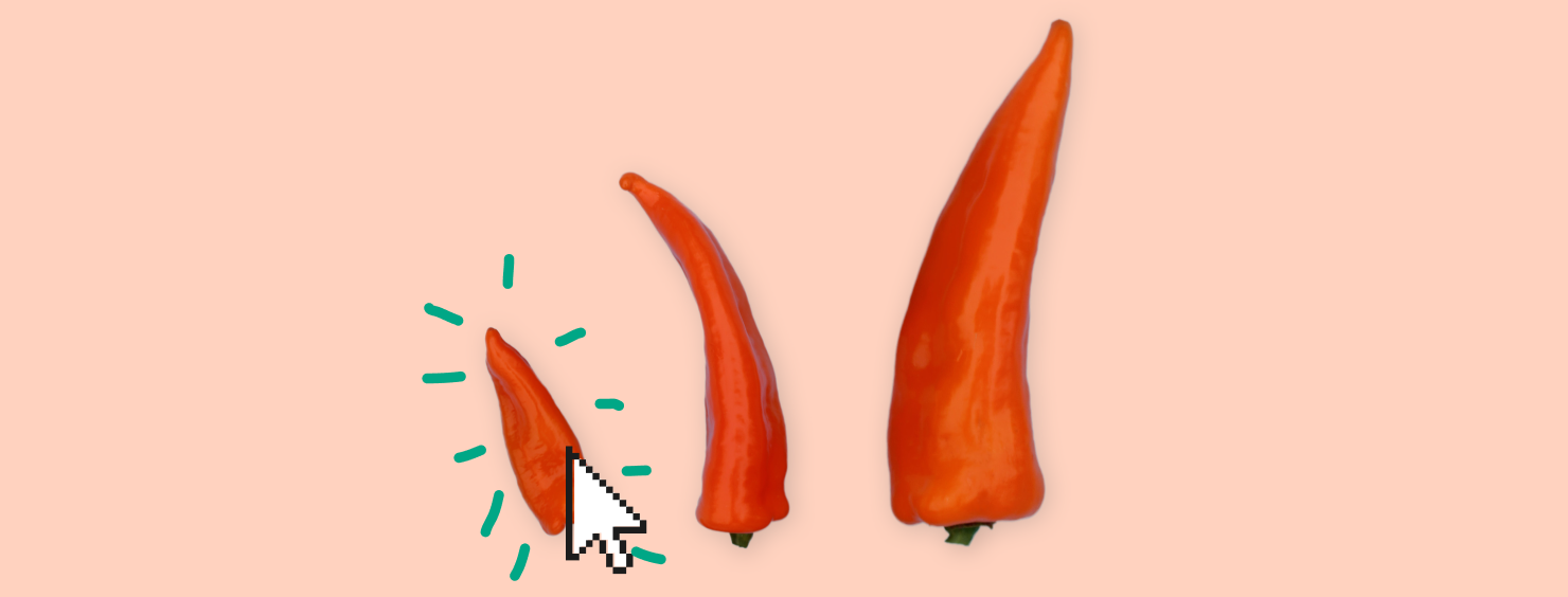 Three orange peppers increasing in size on a peach background, with a cursor hovering over the smallest pepper highlighted with green dashes.