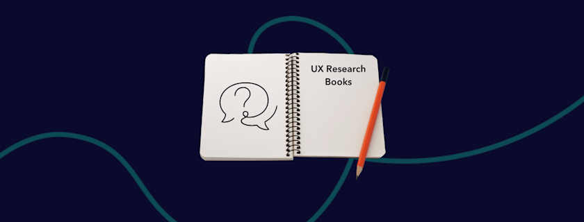 A notebook with the text "UX Research Books" and a question mark in speech bubbles, next to an orange pencil, set against a dark blue background with teal lines.
