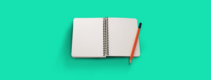 Open blank notebook with a orange pencil lying on the right page, all set against a vibrant teal background.