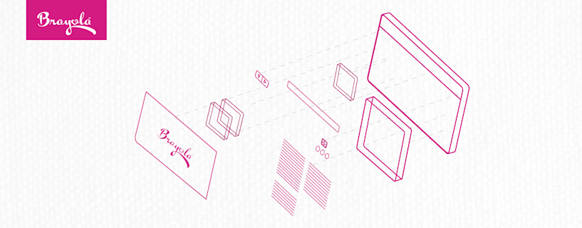 An exploded diagram of a product packaging design in pink outlines, featuring the "Brayola" logo, boxes, and lines, all against a textured white background.