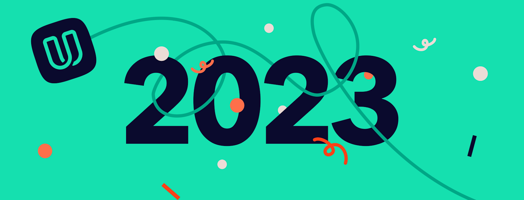 Festive 2023 graphic with the year in bold numerals, confetti, and a logo with a stylized 'U' on a vibrant teal background.
