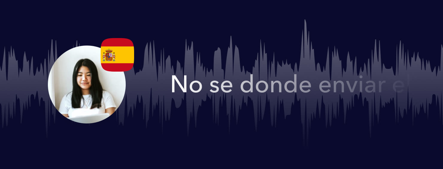 A young woman stands next to a Spanish flag, with a sound wave graphic and the text "No se donde enviar el".