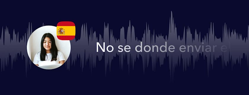 A young woman stands next to a Spanish flag, with a sound wave graphic and the text "No se donde enviar el".