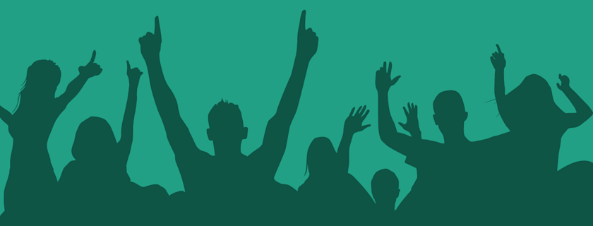 Silhouetted crowd with raised hands against a teal background, suggesting excitement or celebration.