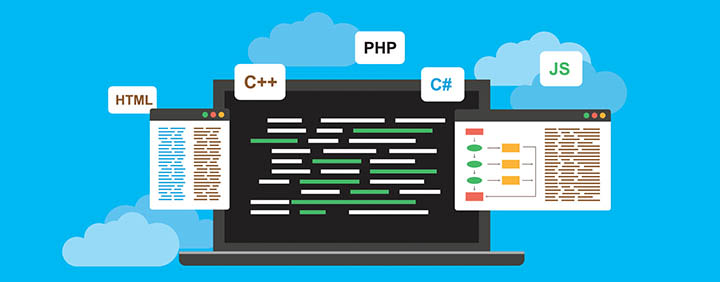 Laptop surrounded by coding languages (HTML, C++, C#, PHP, JS) displayed as clouds, symbolizing cloud-based software development or programming.