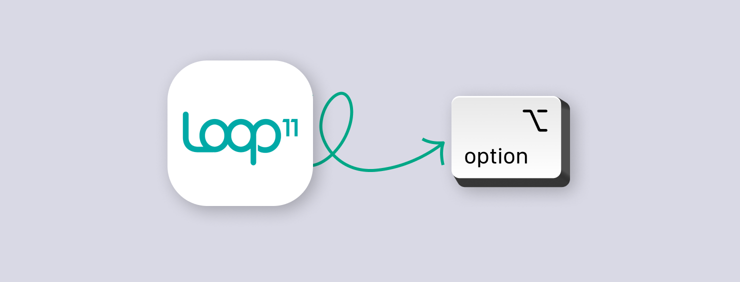 A teal arrow connects a logo for "Loop 11" to a button labeled "option" with an icon of a small wrench.