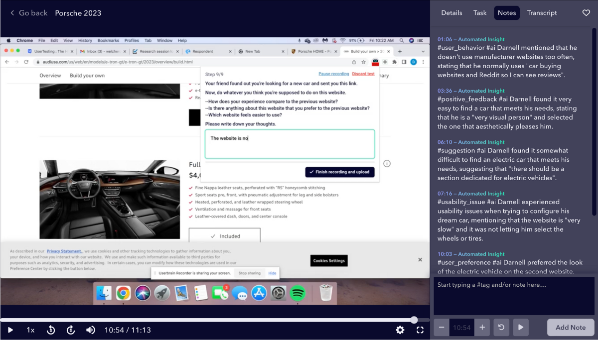 Screenshot of a usability test participant on step 9 of building a Porsche 2023, providing feedback that the website is not user-friendly.