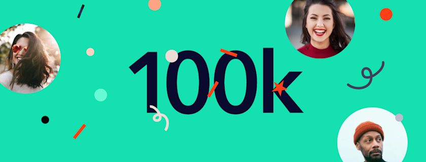 A teal background featuring the text "100k" in large, dark blue lettering, surrounded by confetti-like shapes and circles containing smiling faces.