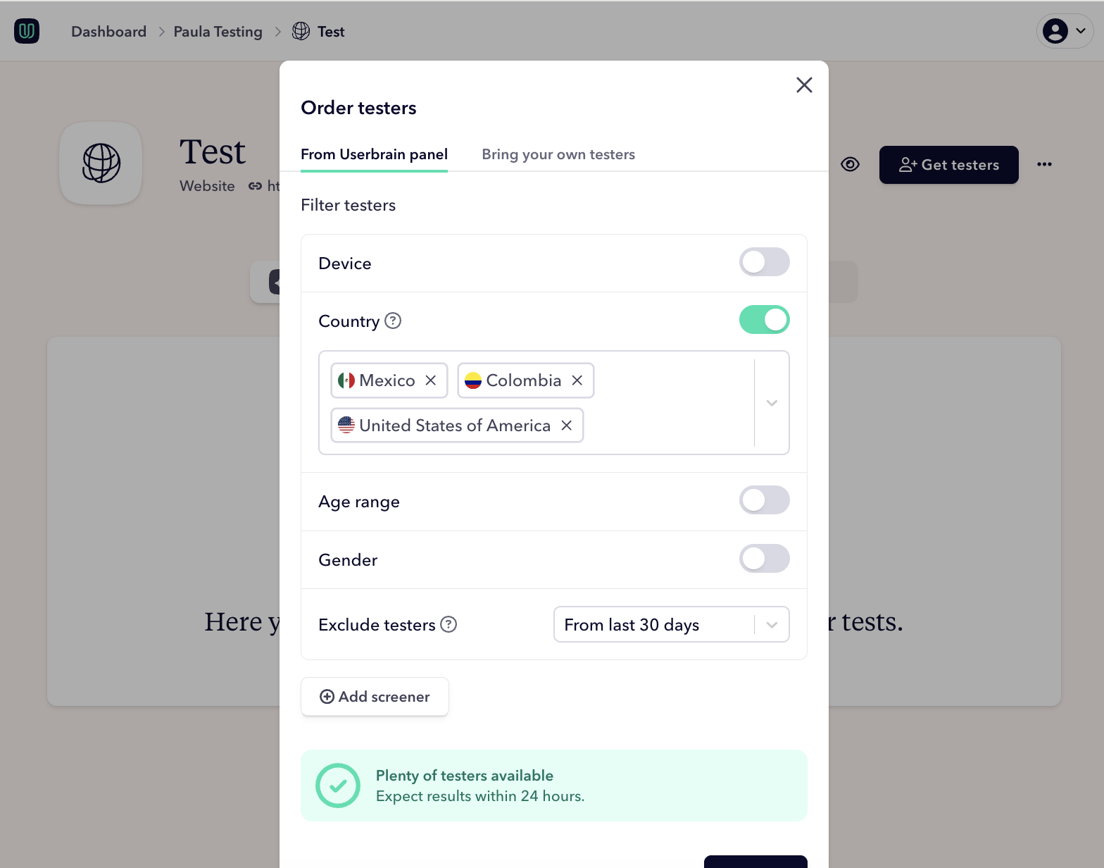 Select one or more supported countries for your user test