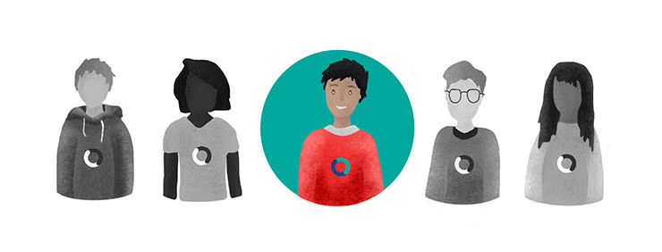 Five diverse figures stand in a row, the central one highlighted in color within a teal circle, while the others are grayscale.