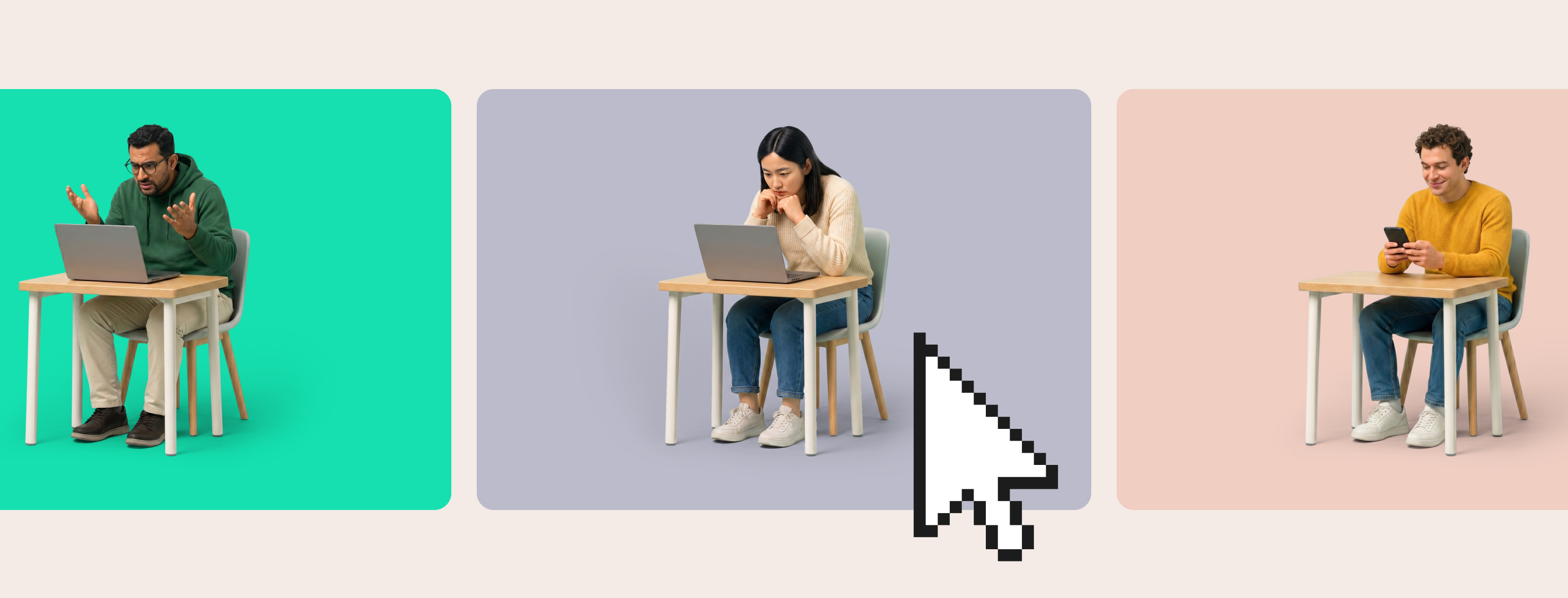 Three miniature user figurines sit at tiny desks against turquoise, lavender, and blush panels, each interacting with a laptop or phone in a different way, while a large cursor points toward the center figure.