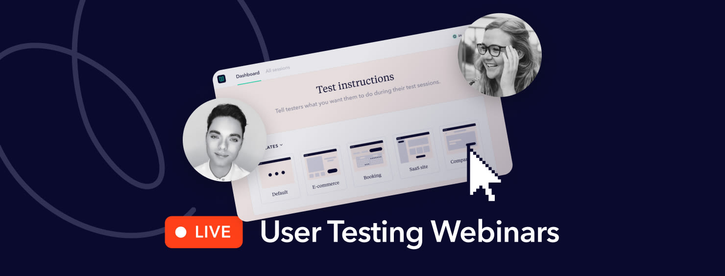 User Testing Webinars Live with interface and people images.