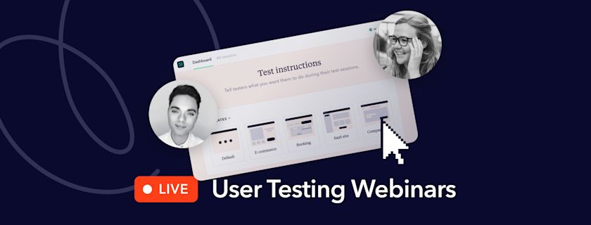 User Testing Webinars Live with interface and people images.