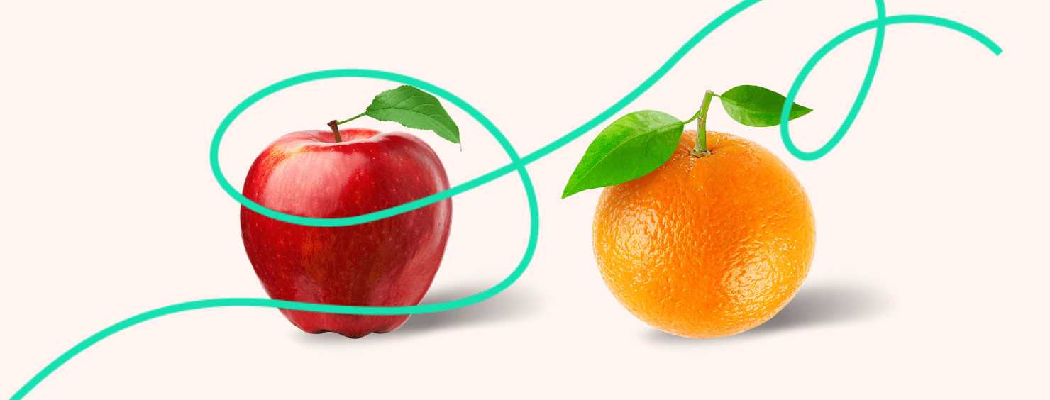 A red apple and an orange sit side-by-side, each with a green leaf, outlined by a whimsical teal line on a light pink background.