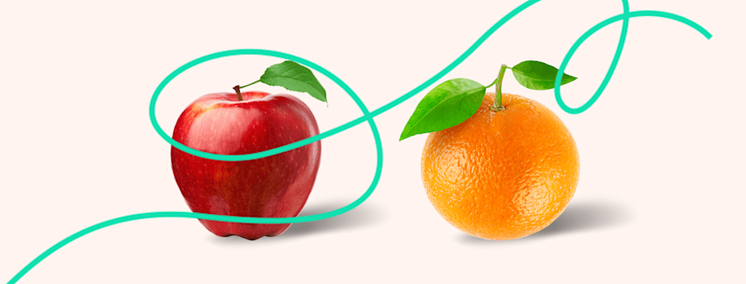 A red apple and an orange sit side-by-side, each with a green leaf, outlined by a whimsical teal line on a light pink background.